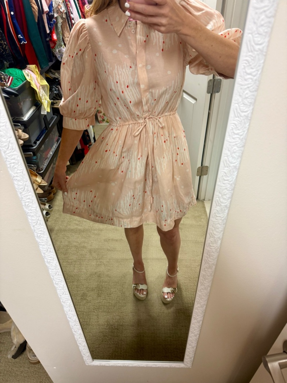 HUNTER BELL Peach Print Mini Linen Shirt Dress Puff Sleeve Tie Waist - Picture 4 of 5